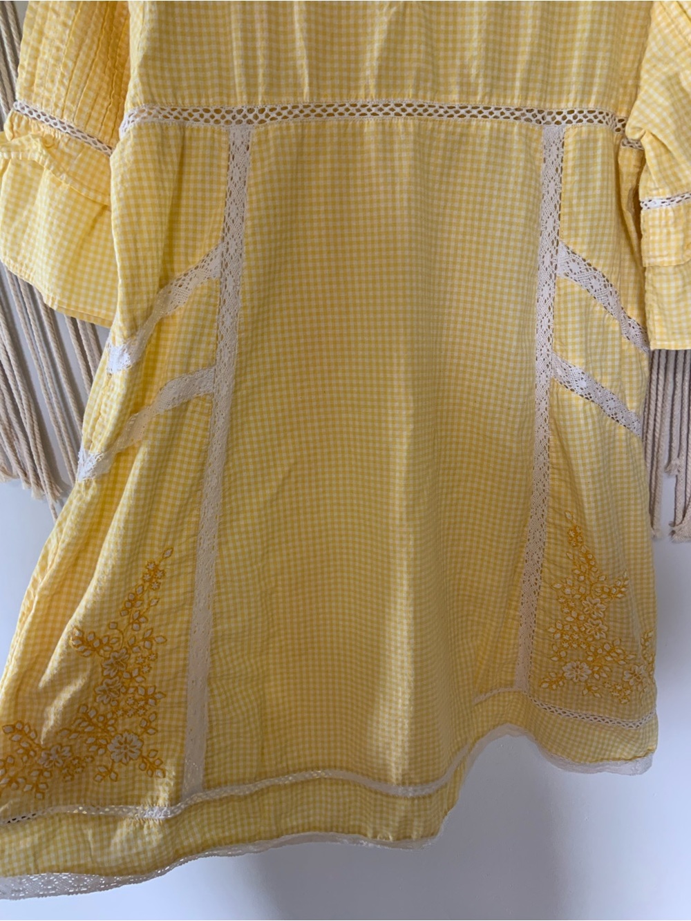 FREE PEOPLE Sunny Day Yellow Gingham Cotton Lace Dress Medium - Picture 6 of 10